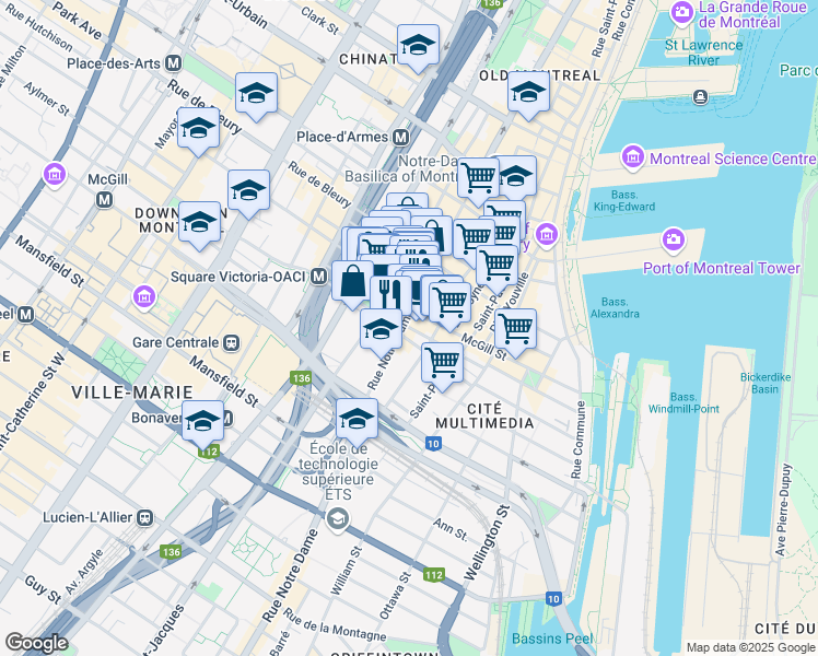 map of restaurants, bars, coffee shops, grocery stores, and more near in Montreal