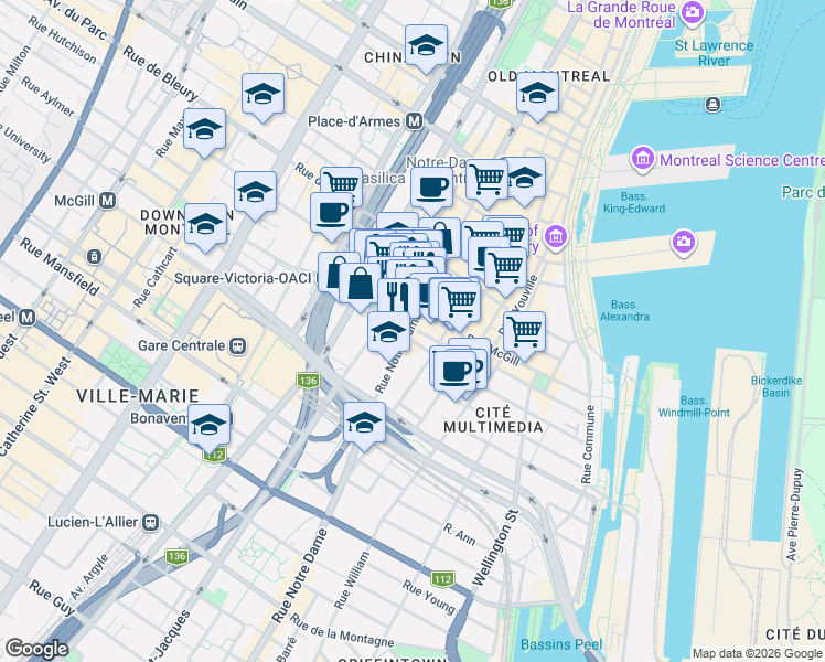 map of restaurants, bars, coffee shops, grocery stores, and more near 644 Rue Notre-Dame Ouest in Montréal