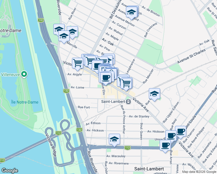 map of restaurants, bars, coffee shops, grocery stores, and more near 570 Avenue Victoria in Saint-Lambert