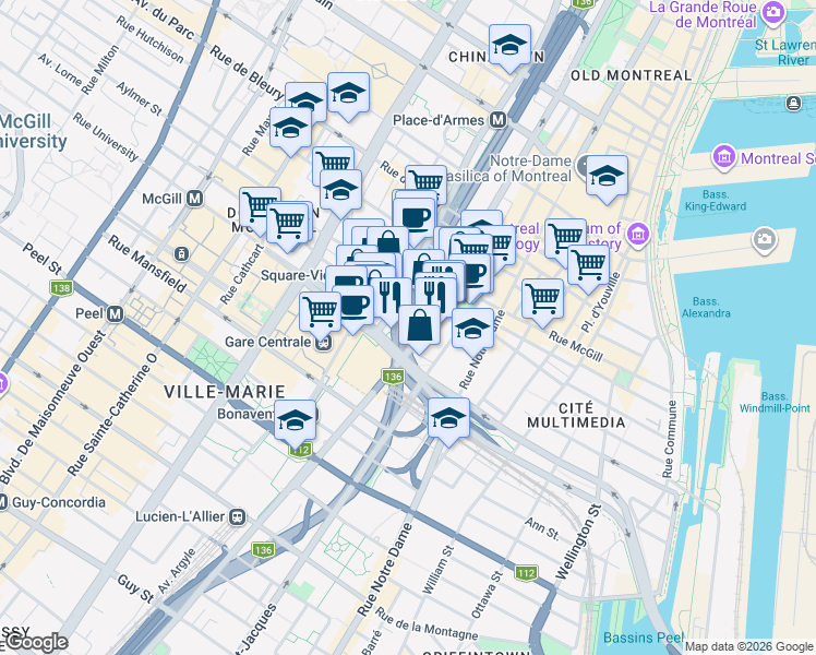 map of restaurants, bars, coffee shops, grocery stores, and more near 999 Boulevard Robert-Bourassa in Montréal