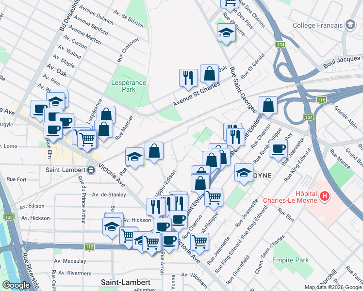 map of restaurants, bars, coffee shops, grocery stores, and more near in Saint-Lambert