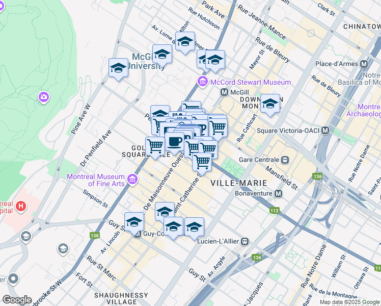 map of restaurants, bars, coffee shops, grocery stores, and more near 2045 Rue Peel in Montréal