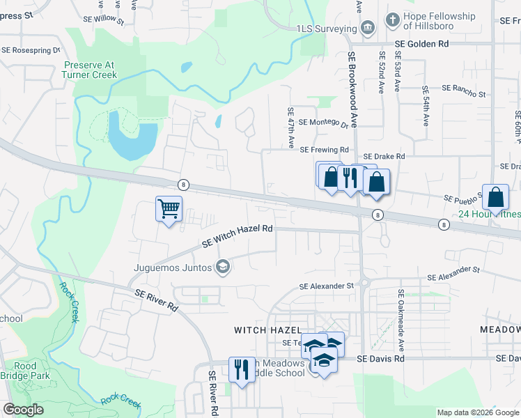 map of restaurants, bars, coffee shops, grocery stores, and more near 4460 Southeast Tualatin Valley Highway in Hillsboro