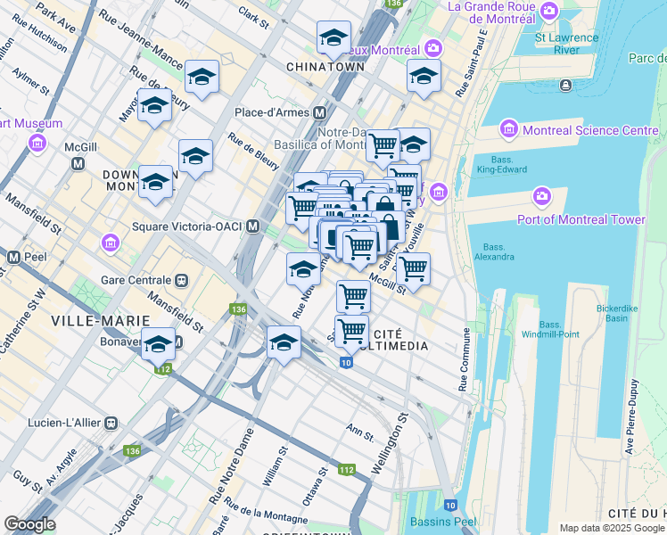 map of restaurants, bars, coffee shops, grocery stores, and more near 468 Rue McGill in Montréal