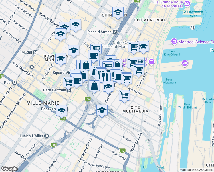map of restaurants, bars, coffee shops, grocery stores, and more near 628 Rue Saint-Jacques in Montréal