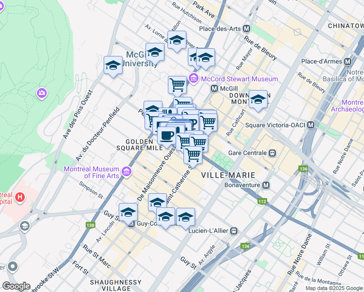 map of restaurants, bars, coffee shops, grocery stores, and more near in Montreal