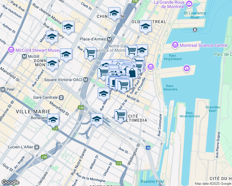 map of restaurants, bars, coffee shops, grocery stores, and more near in Montreal