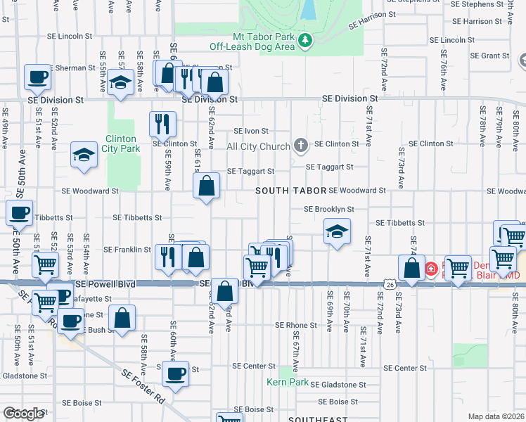 map of restaurants, bars, coffee shops, grocery stores, and more near 2914 Southeast 65th Avenue in Portland