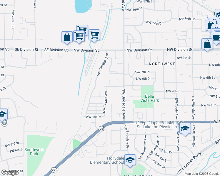 map of restaurants, bars, coffee shops, grocery stores, and more near 2410 Northwest 5th Street in Gresham