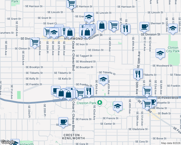 map of restaurants, bars, coffee shops, grocery stores, and more near 4160 Southeast Brooklyn Street in Portland