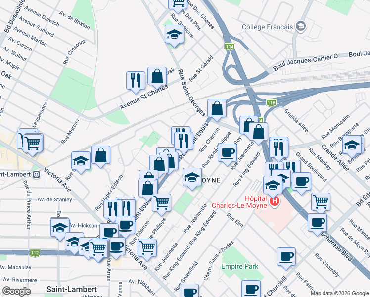 map of restaurants, bars, coffee shops, grocery stores, and more near 215 Rue Saint-Louis in Longueuil