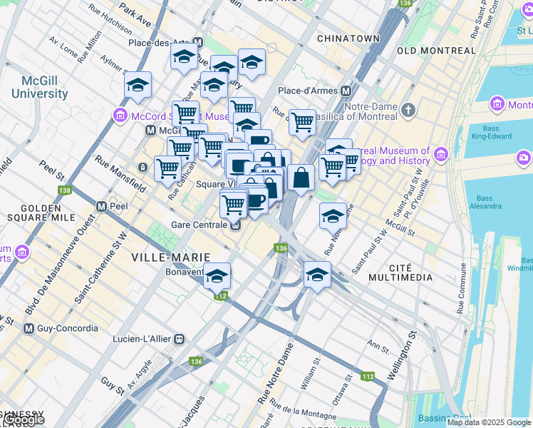 map of restaurants, bars, coffee shops, grocery stores, and more near Boulevard Robert-Bourassa in Montréal