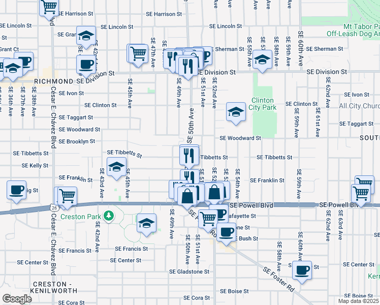 map of restaurants, bars, coffee shops, grocery stores, and more near 3054 Southeast 50th Avenue in Portland