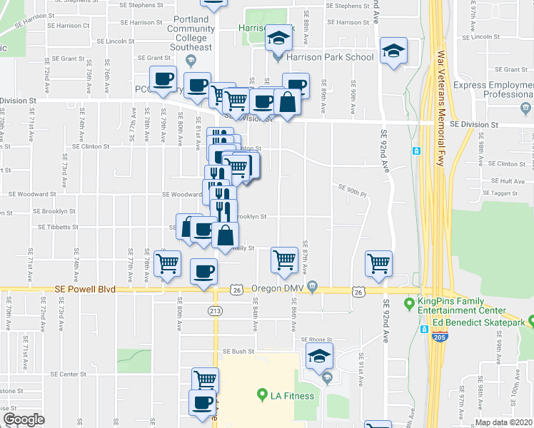 map of restaurants, bars, coffee shops, grocery stores, and more near 8447 Southeast Brooklyn Street in Portland