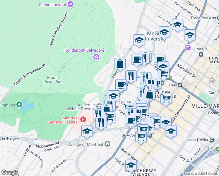 map of restaurants, bars, coffee shops, grocery stores, and more near 1400 Avenue des Pins Ouest in Montreal