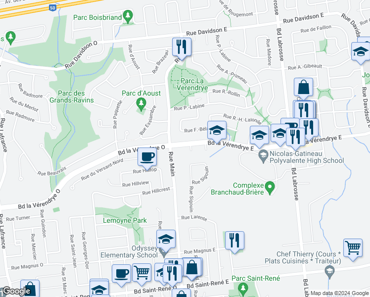 map of restaurants, bars, coffee shops, grocery stores, and more near 174 Boulevard la Vérendrye Est in Gatineau