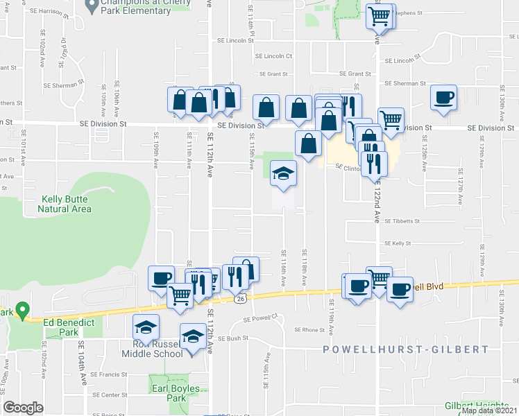 map of restaurants, bars, coffee shops, grocery stores, and more near 2933 Southeast 115th Avenue in Portland