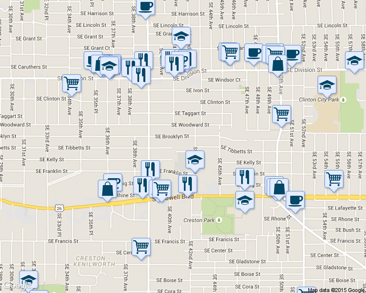 map of restaurants, bars, coffee shops, grocery stores, and more near 4160 Southeast Brooklyn Street in Portland