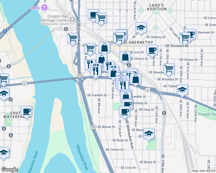 map of restaurants, bars, coffee shops, grocery stores, and more near 3024 Southeast 9th Avenue in Portland