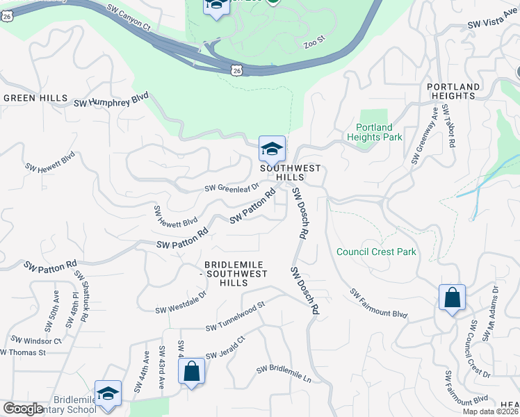 map of restaurants, bars, coffee shops, grocery stores, and more near 3646 Southwest Patton Road in Portland
