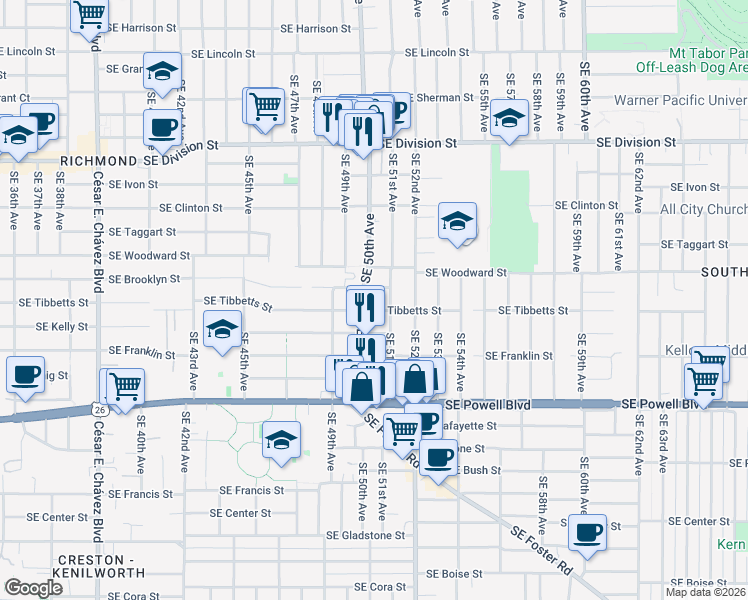 map of restaurants, bars, coffee shops, grocery stores, and more near 3054 Southeast 50th Avenue in Portland