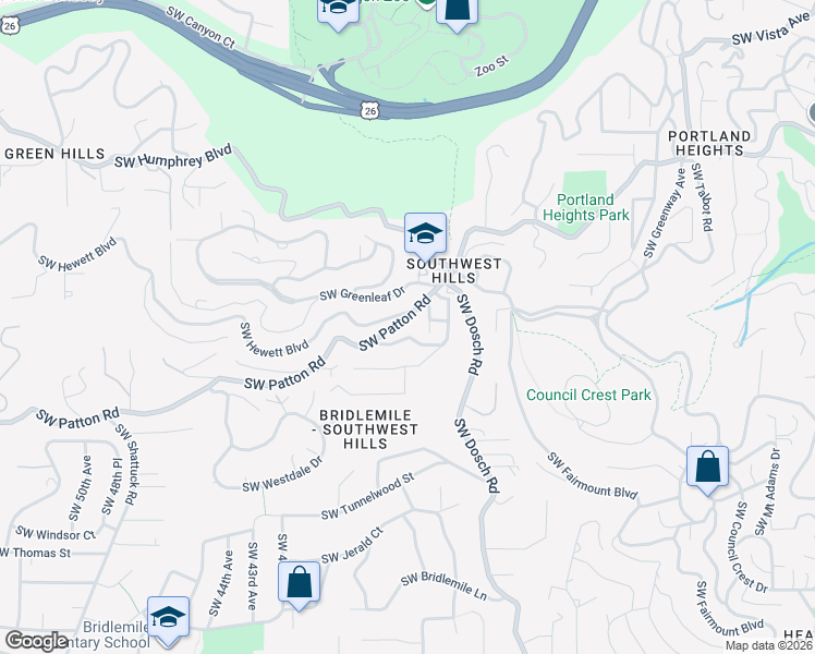 map of restaurants, bars, coffee shops, grocery stores, and more near 3646 Southwest Patton Road in Portland