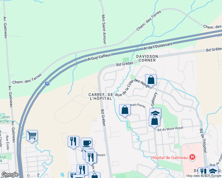 map of restaurants, bars, coffee shops, grocery stores, and more near 136 Rue de l'Épée in Gatineau