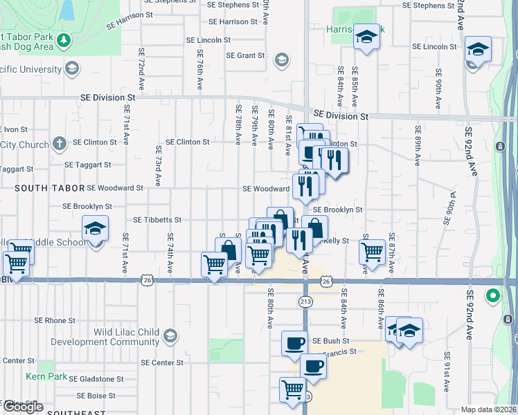 map of restaurants, bars, coffee shops, grocery stores, and more near 2926 Southeast 79th Avenue in Portland
