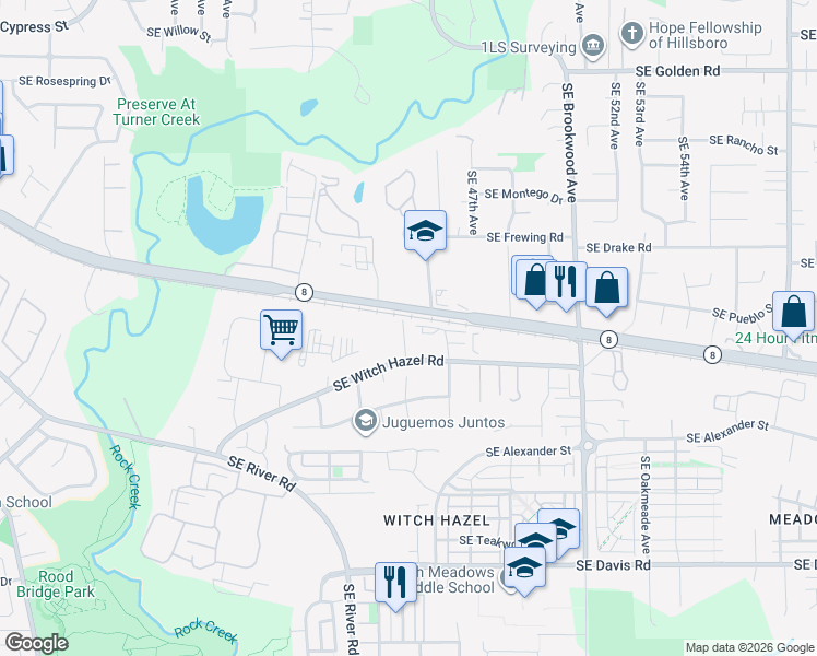 map of restaurants, bars, coffee shops, grocery stores, and more near 4460 Southeast Tualatin Valley Highway in Hillsboro