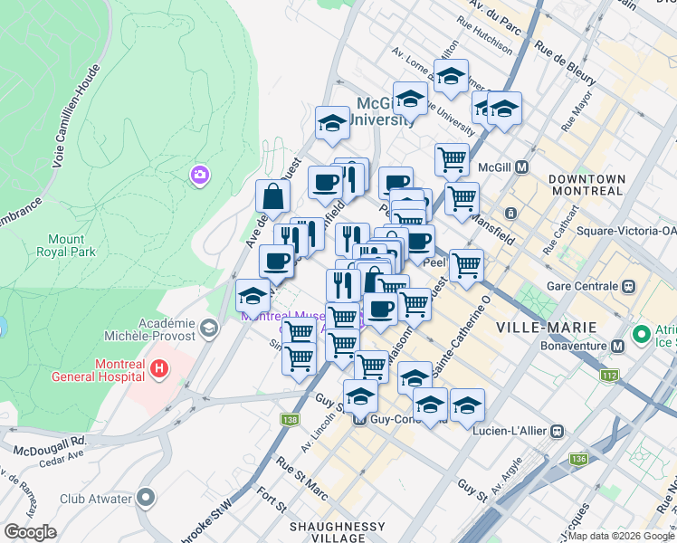 map of restaurants, bars, coffee shops, grocery stores, and more near 3475 Rue de la Montagne in Montréal