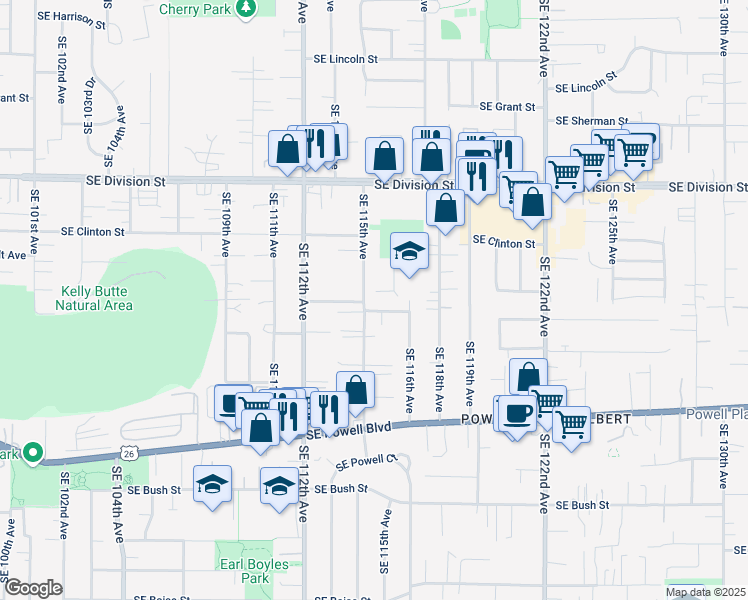 map of restaurants, bars, coffee shops, grocery stores, and more near 2933 Southeast 115th Avenue in Portland