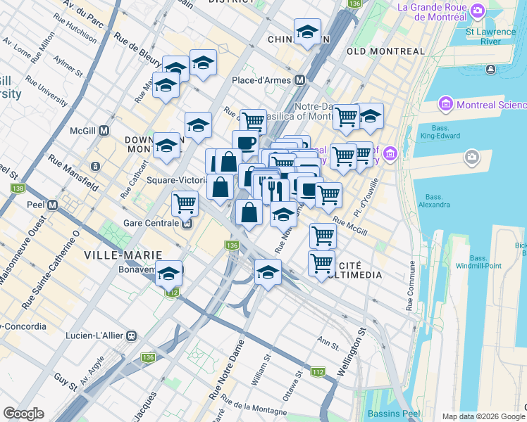 map of restaurants, bars, coffee shops, grocery stores, and more near 800 Rue du Square-Victoria in Montréal