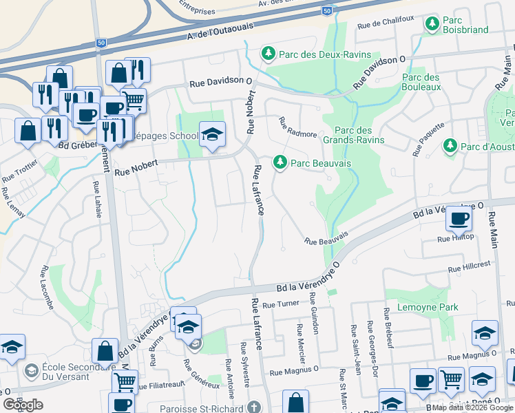 map of restaurants, bars, coffee shops, grocery stores, and more near 651 Rue Lafrance in Gatineau