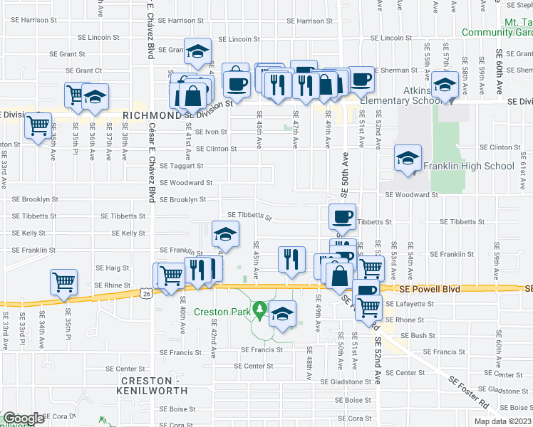 map of restaurants, bars, coffee shops, grocery stores, and more near 4508 Southeast Brooklyn Street in Portland