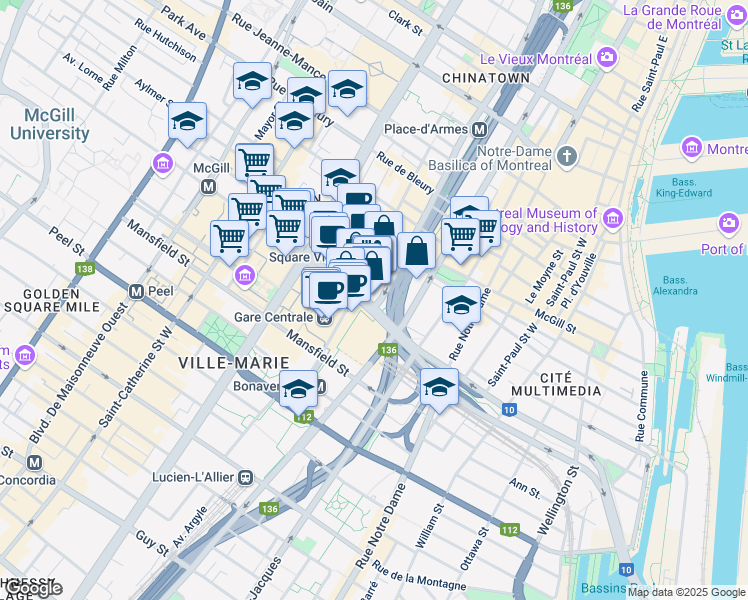 map of restaurants, bars, coffee shops, grocery stores, and more near 1001 Boulevard Robert-Bourassa in Montréal
