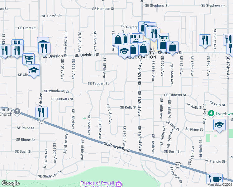 map of restaurants, bars, coffee shops, grocery stores, and more near 15916 Southeast Brooklyn Street in Portland