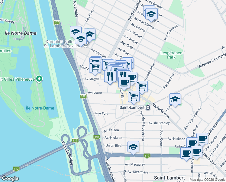 map of restaurants, bars, coffee shops, grocery stores, and more near 80 Avenue Lorne in Saint-Lambert