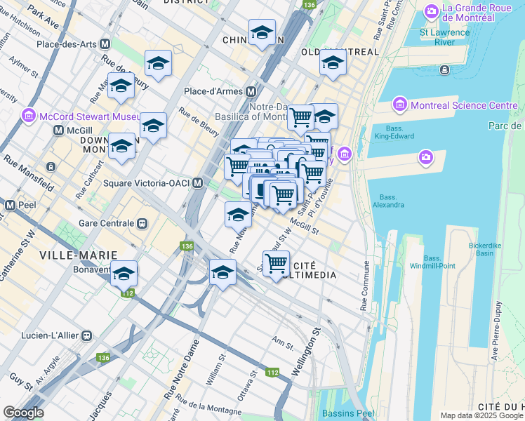 map of restaurants, bars, coffee shops, grocery stores, and more near in Montreal