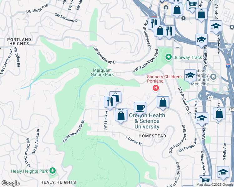 map of restaurants, bars, coffee shops, grocery stores, and more near 3030 Southwest 10th Avenue in Portland