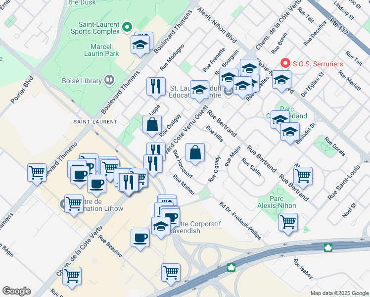 map of restaurants, bars, coffee shops, grocery stores, and more near 987 Rue White in Montréal