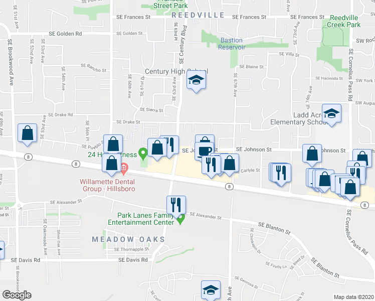 map of restaurants, bars, coffee shops, grocery stores, and more near 6331 Southeast Johnson Street in Hillsboro