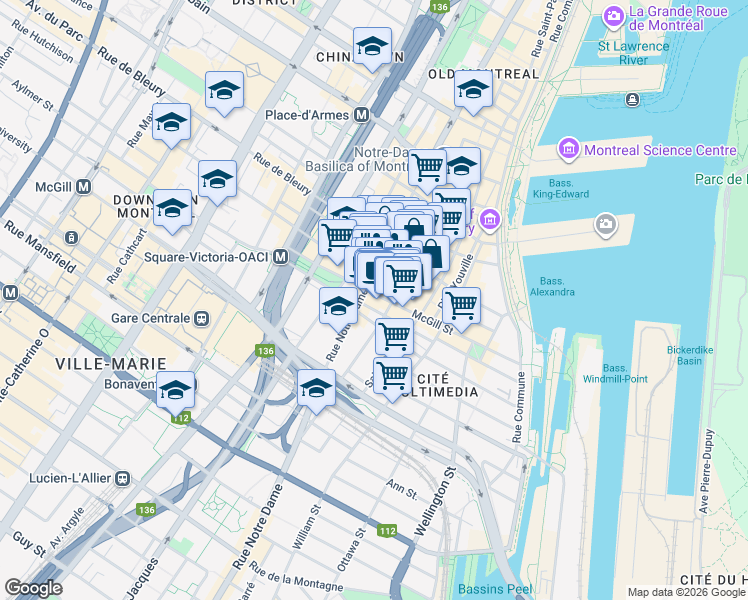 map of restaurants, bars, coffee shops, grocery stores, and more near 470 Rue McGill in Montréal