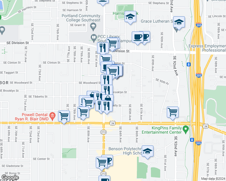 map of restaurants, bars, coffee shops, grocery stores, and more near 8315 Southeast Brooklyn Street in Portland