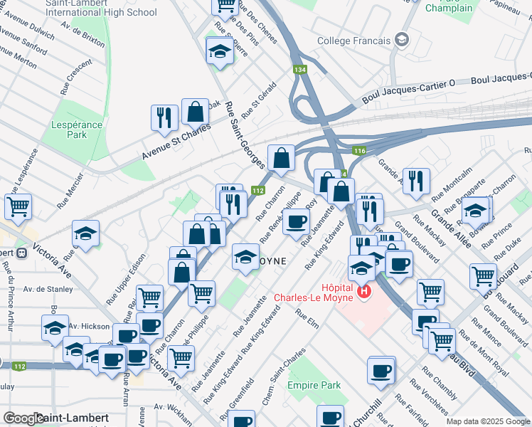 map of restaurants, bars, coffee shops, grocery stores, and more near 244 Rue Charron in Longueuil