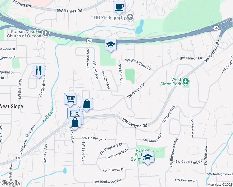 map of restaurants, bars, coffee shops, grocery stores, and more near 8135 Southwest Valley View Drive in Portland