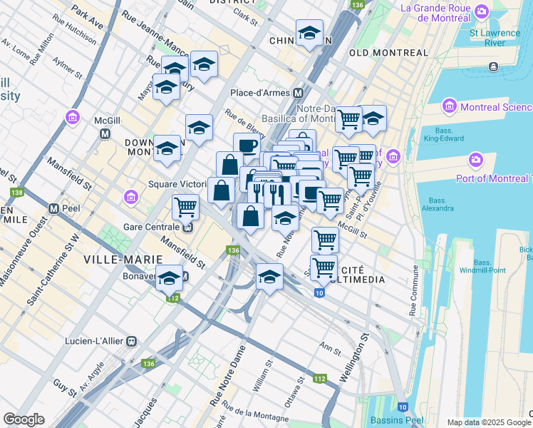 map of restaurants, bars, coffee shops, grocery stores, and more near 739 Rue du Square-Victoria in Montrã©Al