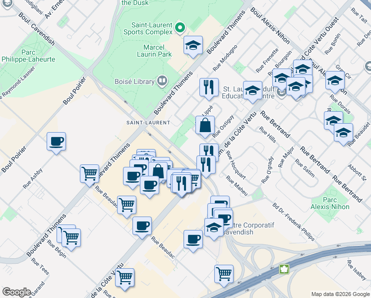 map of restaurants, bars, coffee shops, grocery stores, and more near 11115 Boulevard Cavendish in Montrã©Al