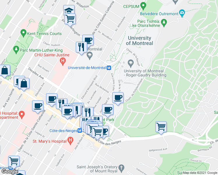 map of restaurants, bars, coffee shops, grocery stores, and more near in Montreal