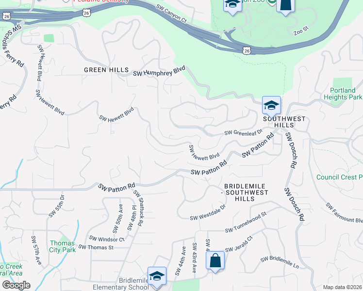 map of restaurants, bars, coffee shops, grocery stores, and more near 4410 Southwest Hewett Boulevard in Portland