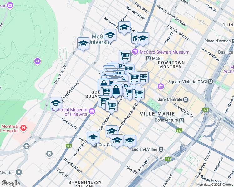 map of restaurants, bars, coffee shops, grocery stores, and more near 2045 Stanley Street in Montreal